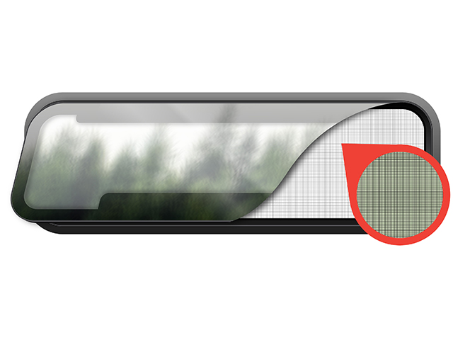 Van window open with insect net in place