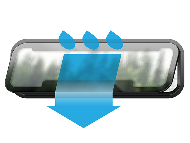 Van window open with rain shedding off it